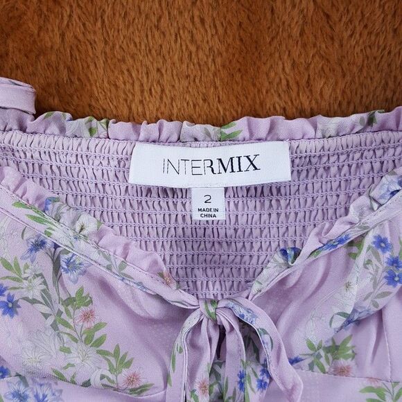 INTERMIX Mini Dress Womens Size 2 Purple Floral Off the Shoulder Smocked Girly - Picture 4 of 15